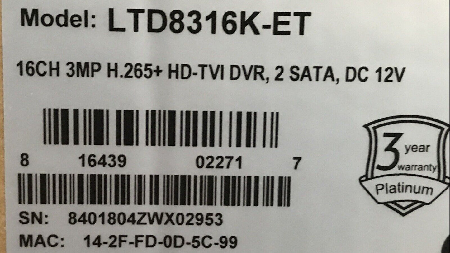 LTS 16CH DVR 1080p LTD8316K-ET 6TB H.265+ 16 Ch HD-TVI Hybrid 3 Year Warranty